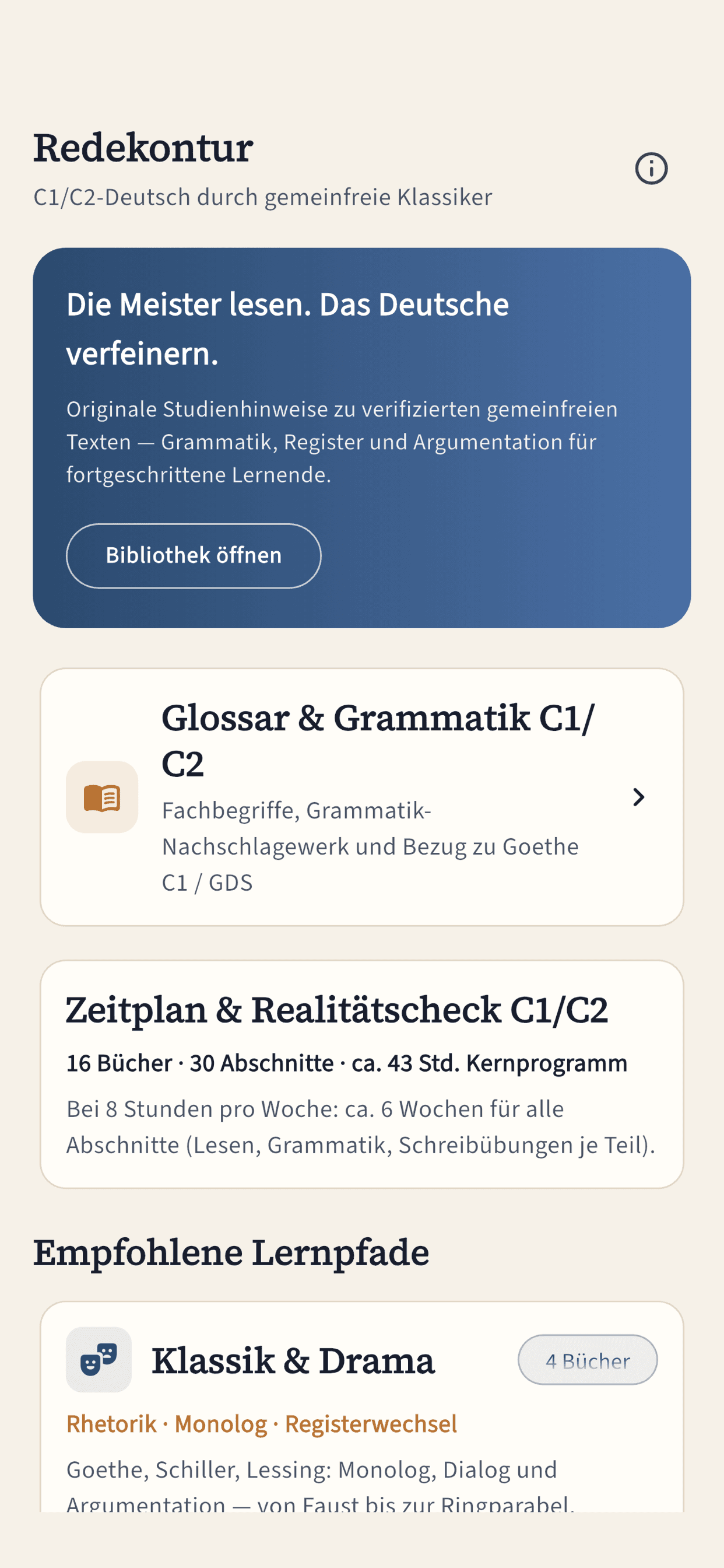 Redekontur Startbildschirm mit Lernpfaden und Bibliothek